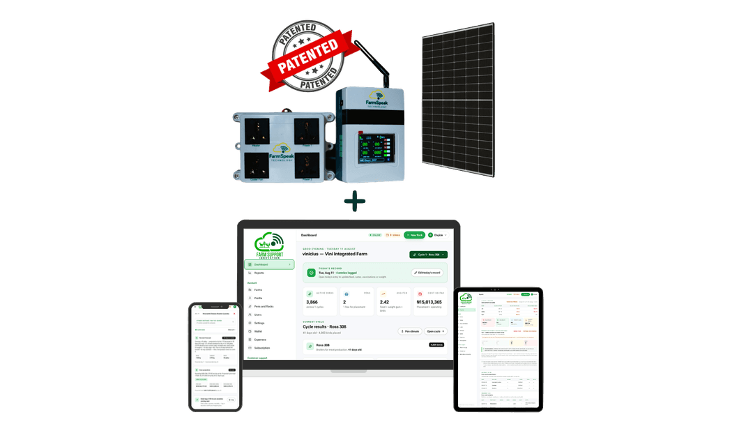 PENKEEP poultry station with solar panel and Patented badge, alongside FS Manager cycle dashboard on mobile, desktop and tablet