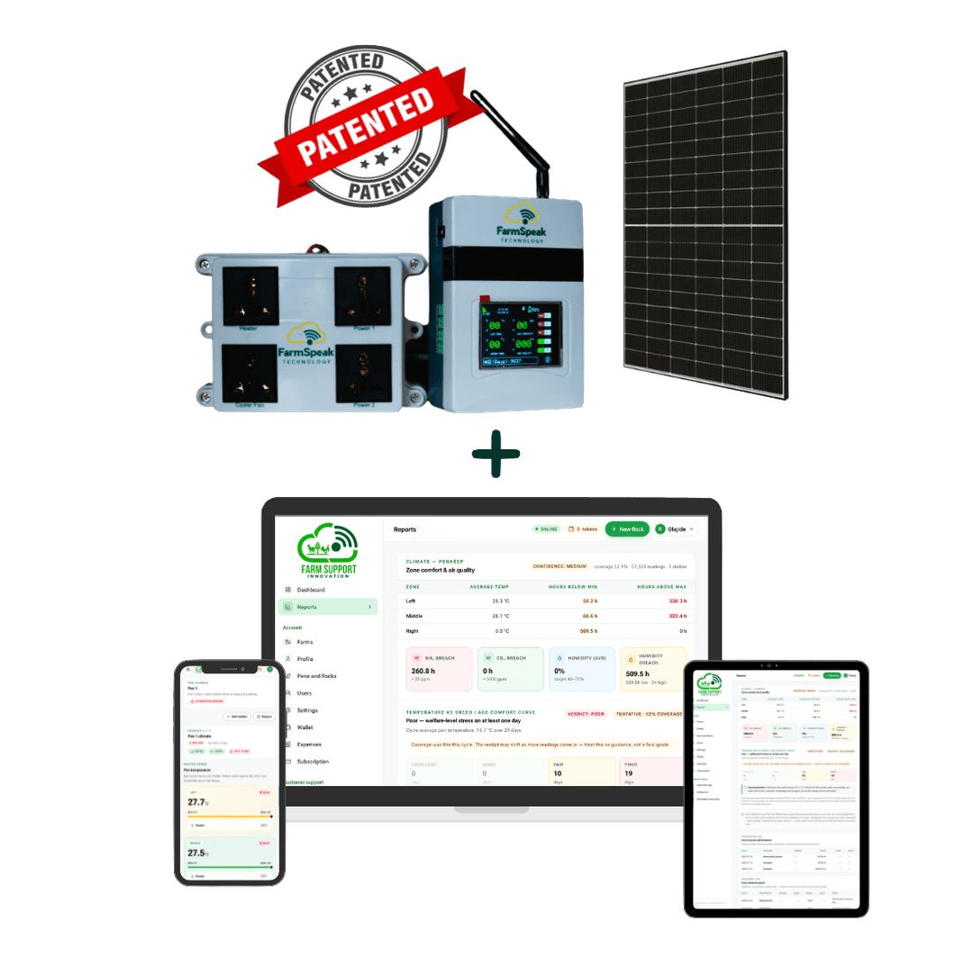 PENKEEP cold-chain station with solar panel and Patented badge, alongside FS Manager reports on mobile, desktop and tablet